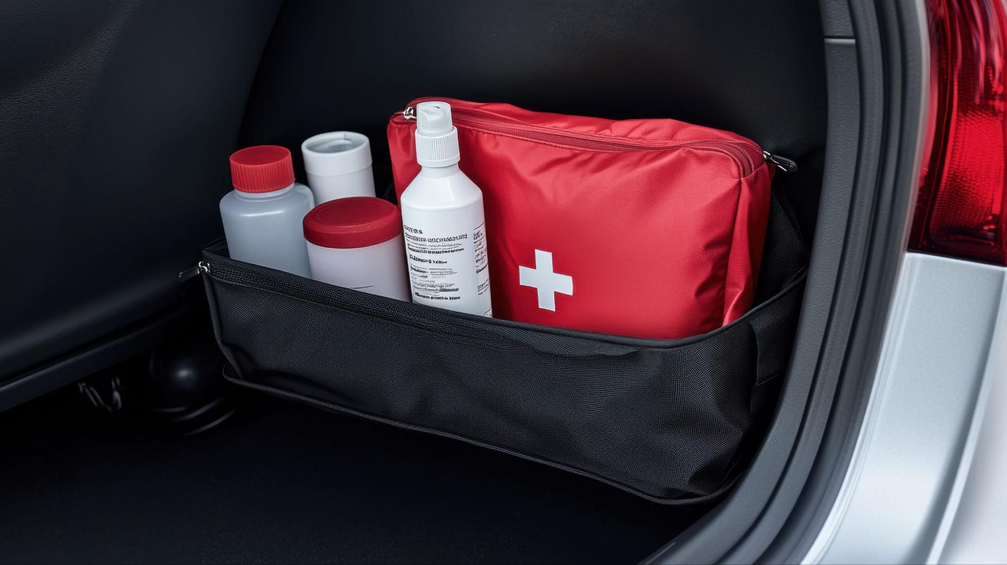 Portable red first aid kit stored in the boot of a vehicle