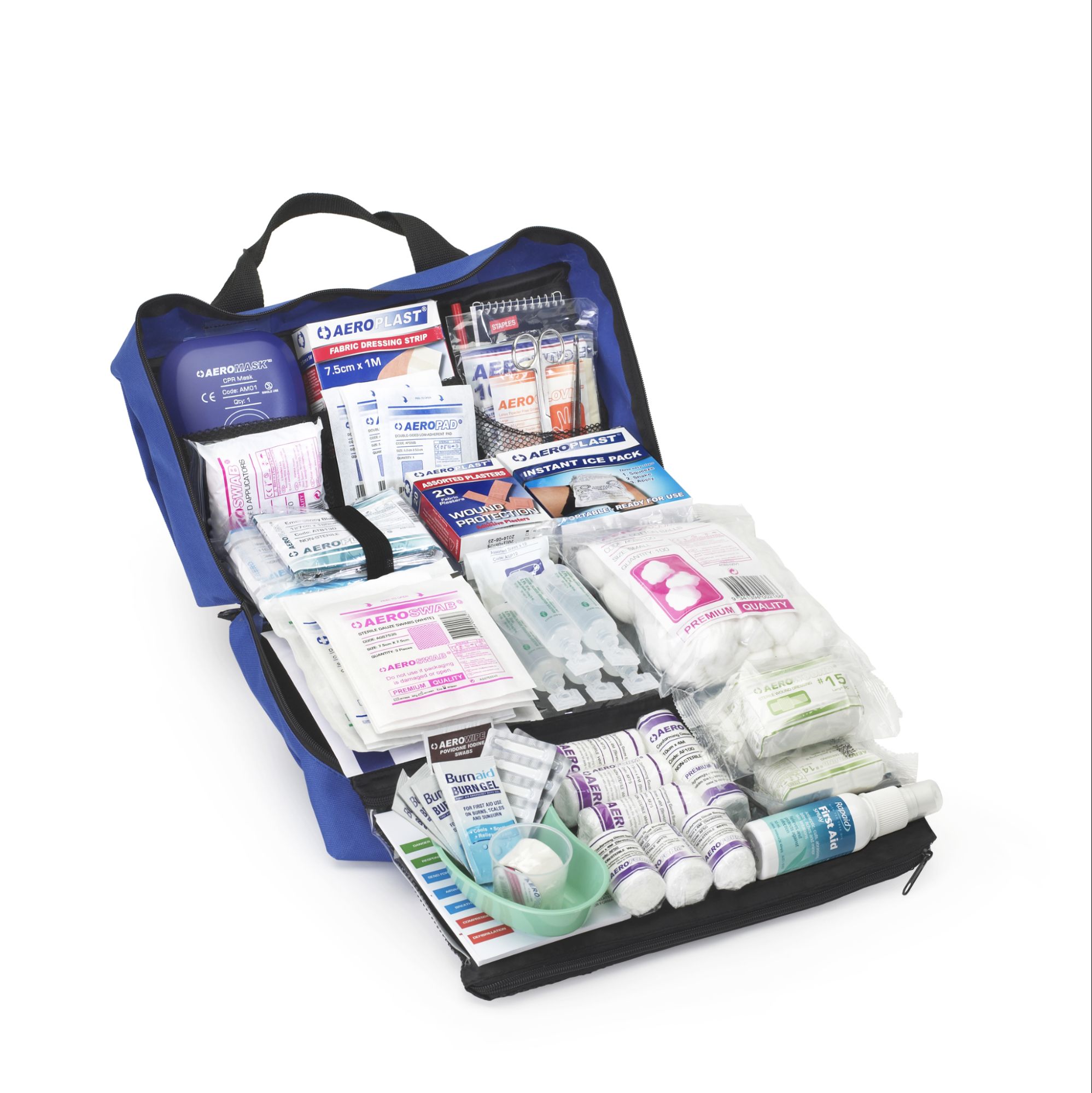 Open workplace first aid kit stocked with medical supplies