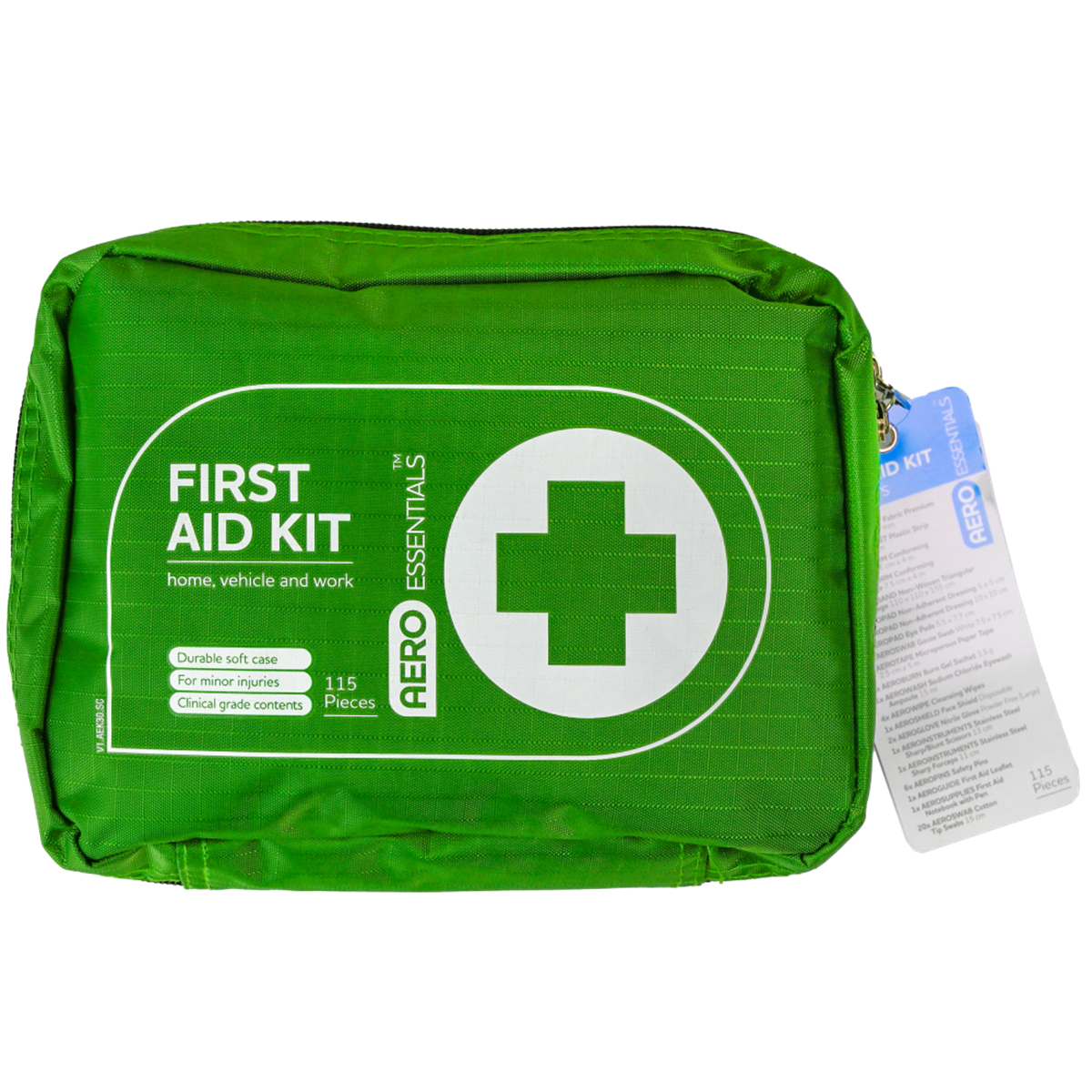 Green Aero Essentials first aid kit in a soft zippered case with white first aid cross symbol, designed for home, vehicle and workplace use, containing 115 pieces.