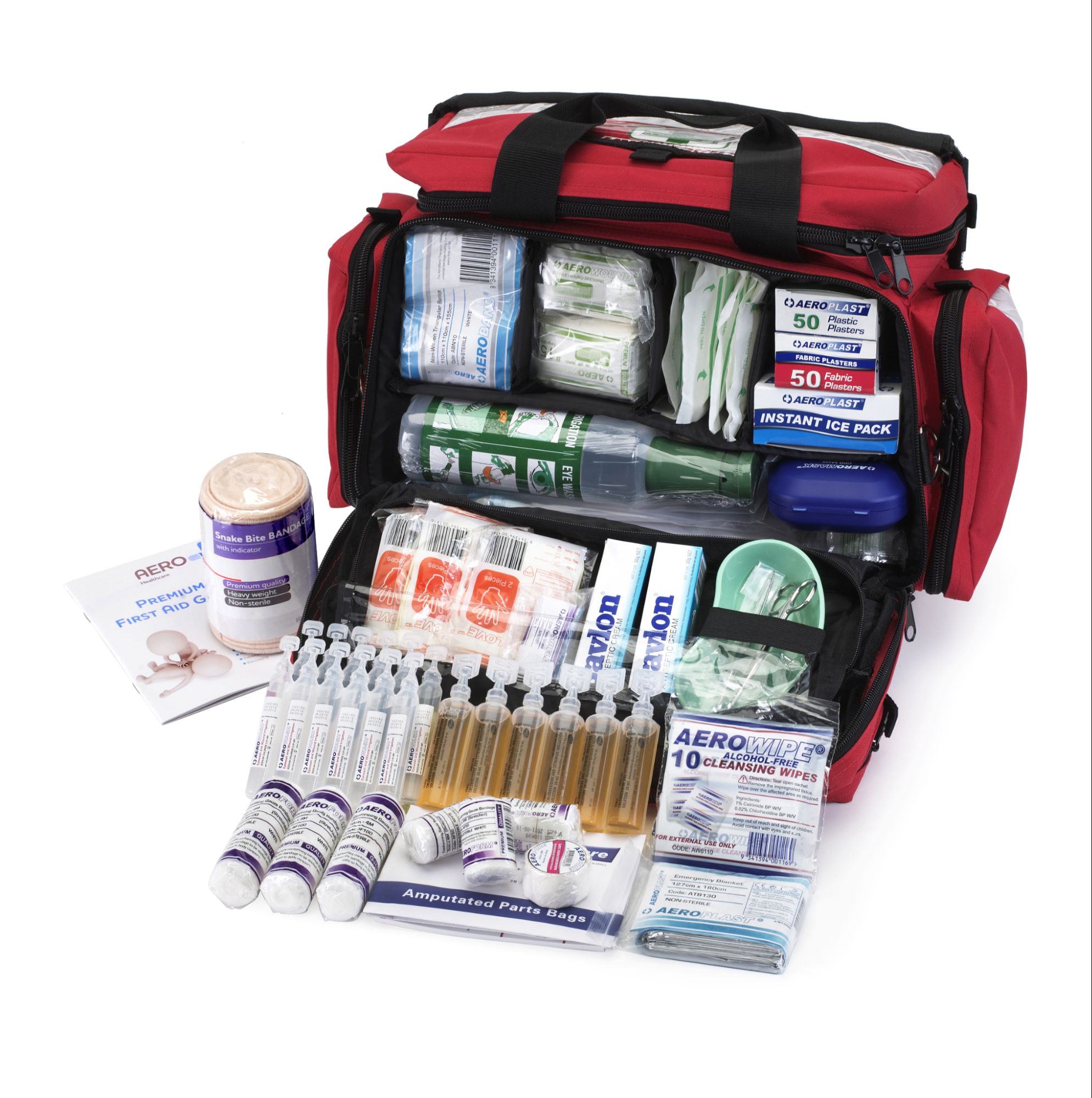 Open red first aid kit with dressings, bandages, eye wash and other first aid supplies