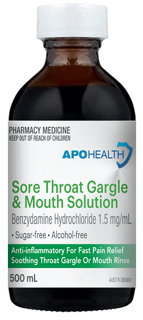 ApoHealth Sore Throat Gargle & Mouth Solution - 500ml Bottle - Product showcase image 1 at LFA First Response
