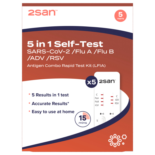 5-In-1 Covid/ Flu A & B/ RSV /ADV Pack of 5 Tests - Product showcase image 1 at LFA First Response