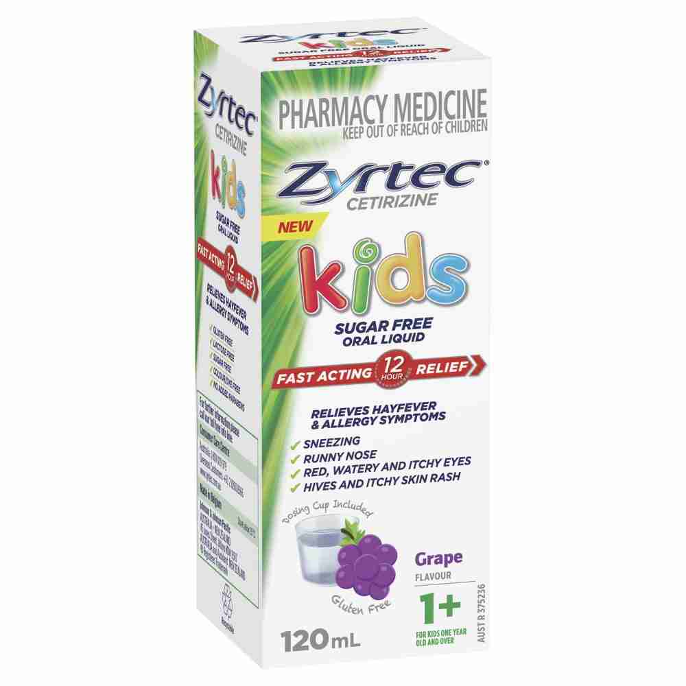 Zyrtec Cetirizine Kids Sugar Free Oral Liquid Grape Flavour -120ml Bottle - Product showcase image 1 at LFA First Response