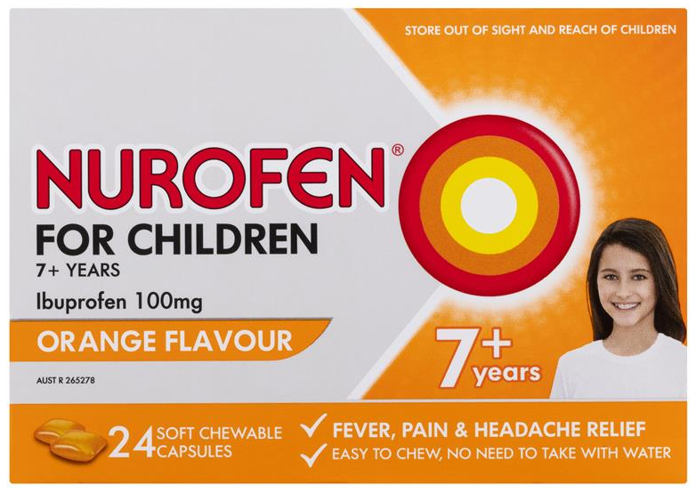 Nurofen Child 7+ Orange Chewable Capsules - Box of 24 - Product showcase image 1 at LFA First Response