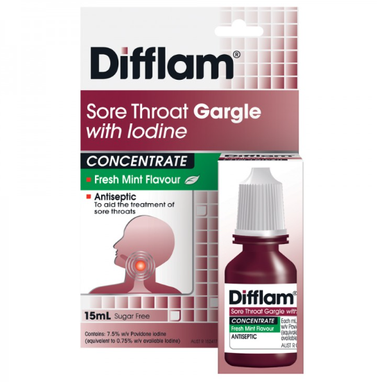 Difflam Sore Throat Gargle with Iodine -15ml Bottle - Product showcase image 1 at LFA First Response
