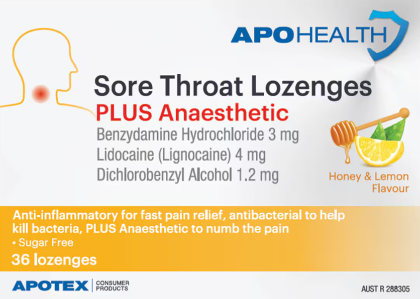 ApoHealth Sore Throat Lozenges Plus Anaesthetic Blister Pack 36 - Product showcase image 1 at LFA First Response