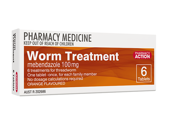 Pharmacy Action Worm Treatment - Box of 6 (Mebendazole) - Product showcase image 1 at LFA First Response