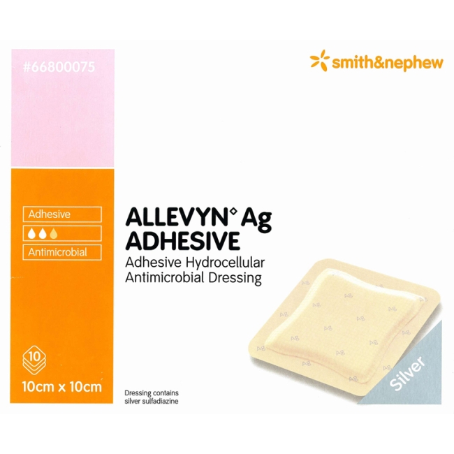 ALLEVYN Ag ADHESIVE Antimicrobial Dressing, 10cm x 10cm - Pack of 10 - Product showcase image 1 at LFA First Response