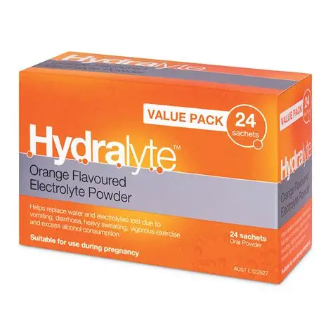 Hydralyte Orange Flavoured Electrolyte Powder Sachet - Box of 24 - Product showcase image 1 at LFA First Response