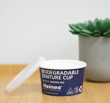Biodegradable Denture Cup with Lid - Carton of 500 - Product showcase image 1 at LFA First Response