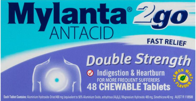 Mylanta 2 Go Antacid Double Strength Chewable Tablets - Box of 48 - Product showcase image 1 at LFA First Response